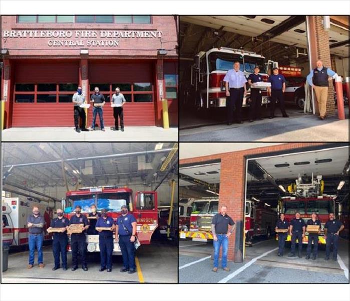 Four photos of SERVPRO representative hand delivering pizza to local fire departments and their personnel.