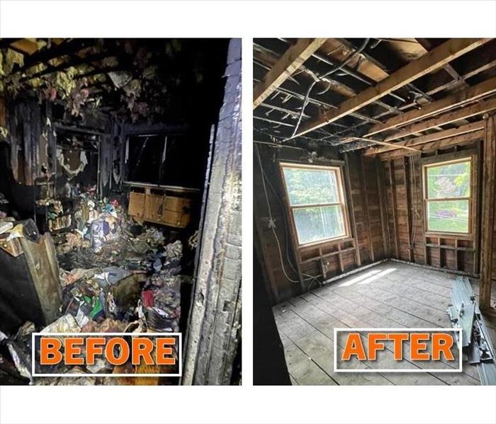 Before and after photos of a fire damaged room and the deconstructed room following restoration.