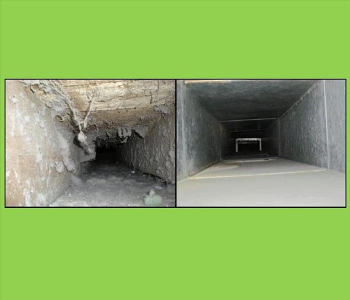 side by side pictures of inside an air duct- on left, duct is dirty, on right, duct is clean. green background