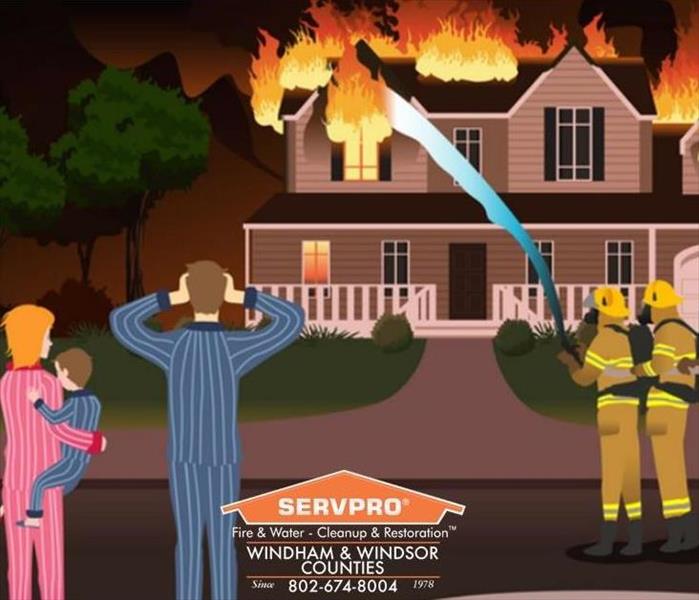 Illustration of family outside their home while fire department battles fire.