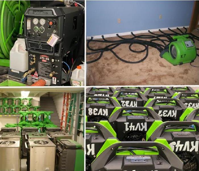 Collage of photos containing different equipment used for water damage mitigation