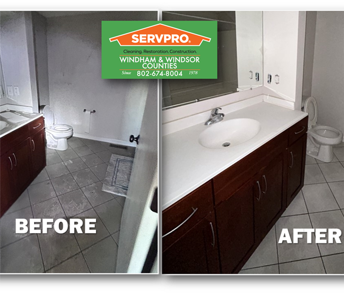 Before and after photo of a bathroom following a fire/smoke damage.