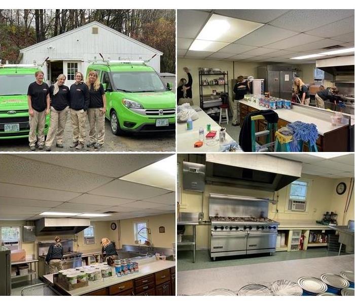 Collage of four photos. SERVPRO Team performing cleaning in commercial kitchen.